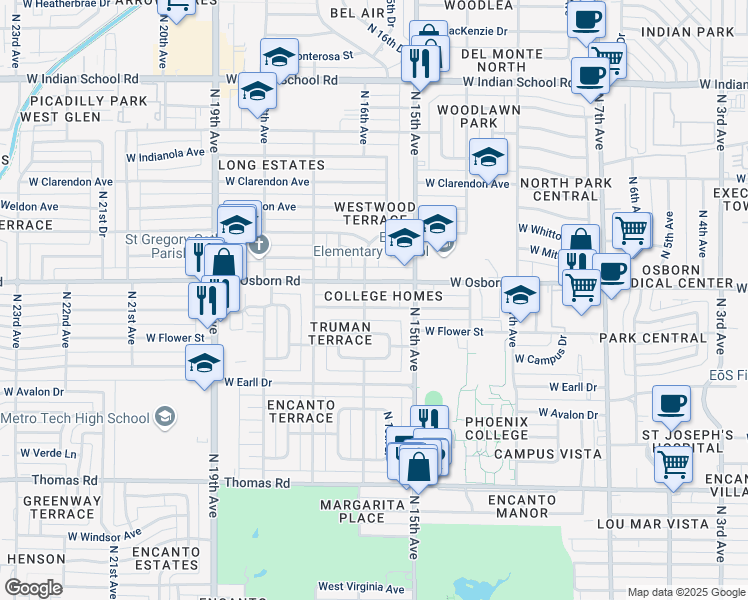 map of restaurants, bars, coffee shops, grocery stores, and more near 1601 West Osborn Road in Phoenix