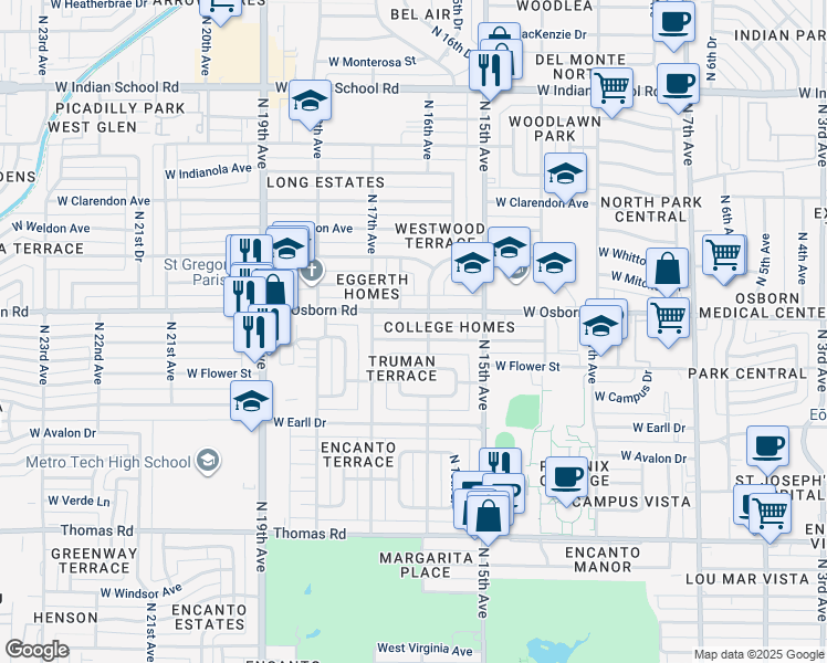 map of restaurants, bars, coffee shops, grocery stores, and more near 1601 West Osborn Road in Phoenix