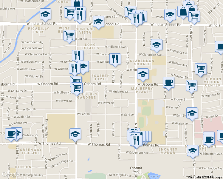 map of restaurants, bars, coffee shops, grocery stores, and more near 1629 West Osborn Road in Phoenix