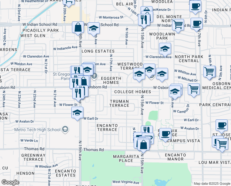 map of restaurants, bars, coffee shops, grocery stores, and more near 1629 West Osborn Road in Phoenix