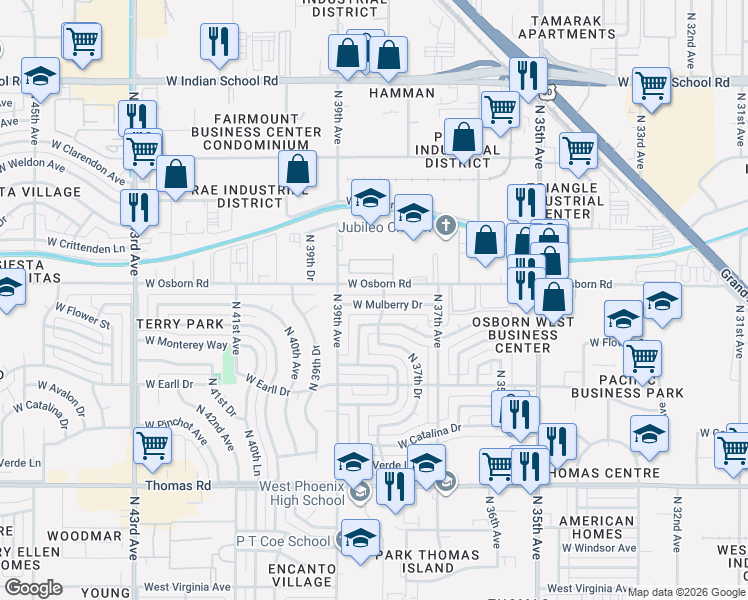 map of restaurants, bars, coffee shops, grocery stores, and more near 3815 West Osborn Road in Phoenix