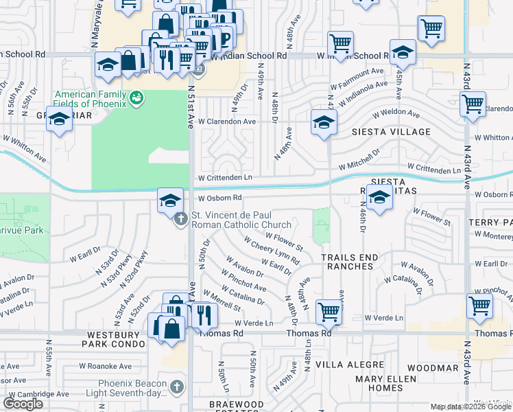 map of restaurants, bars, coffee shops, grocery stores, and more near 4953 West Osborn Road in Phoenix