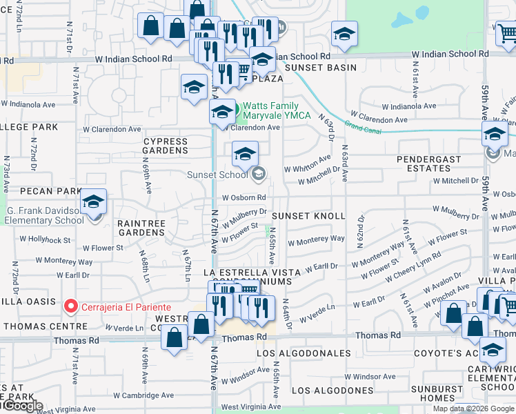 map of restaurants, bars, coffee shops, grocery stores, and more near 3334 North 65th Avenue in Phoenix