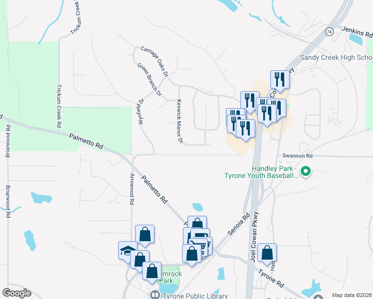 map of restaurants, bars, coffee shops, grocery stores, and more near 124 Keswick Manor Drive in Tyrone