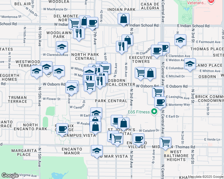map of restaurants, bars, coffee shops, grocery stores, and more near 445 West Osborn Road in Phoenix