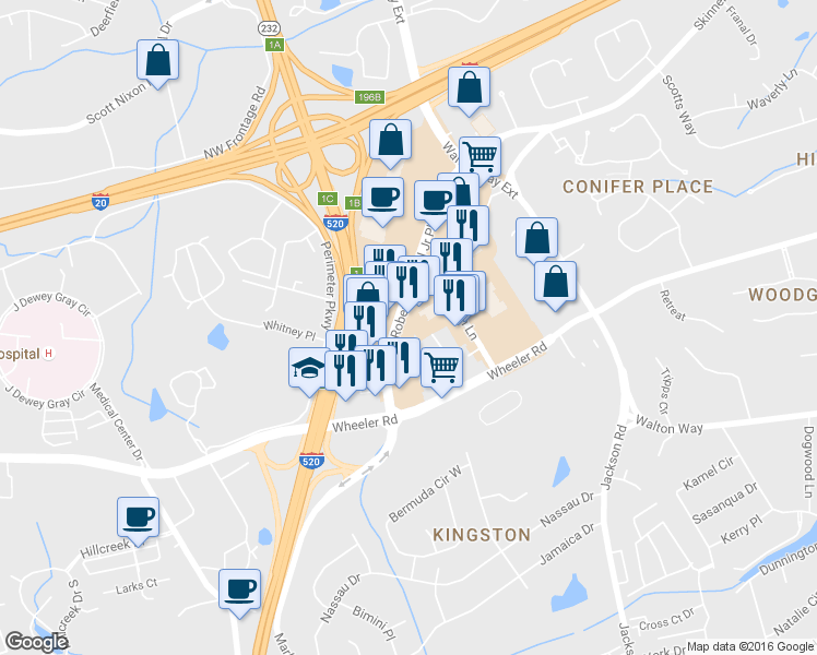 map of restaurants, bars, coffee shops, grocery stores, and more near 254 Robert C Daniel Jr Pkwy in Augusta