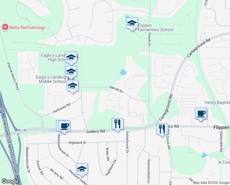 map of restaurants, bars, coffee shops, grocery stores, and more near 175 Harold Drive in McDonough