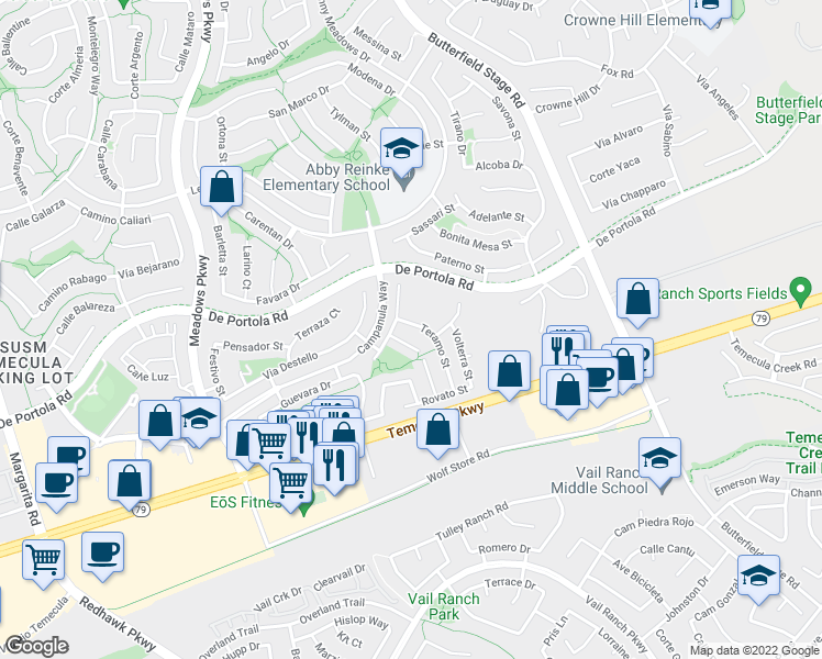 map of restaurants, bars, coffee shops, grocery stores, and more near 43063 Teramo Street in Temecula