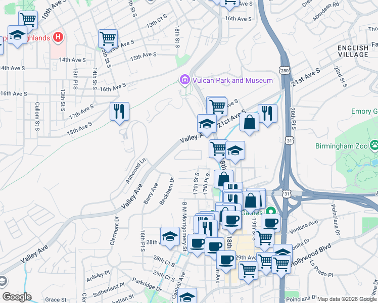 map of restaurants, bars, coffee shops, grocery stores, and more near 2107 Hillside Circle in Homewood