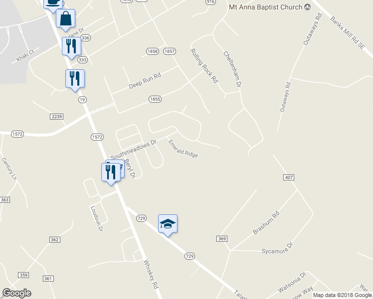 map of restaurants, bars, coffee shops, grocery stores, and more near 65 Emerald Ridge in Aiken