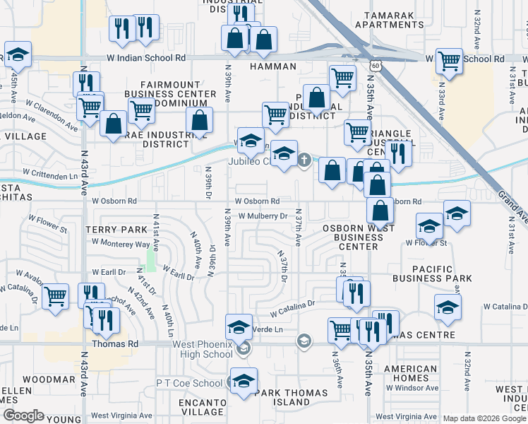 map of restaurants, bars, coffee shops, grocery stores, and more near 3815 West Osborn Road in Phoenix