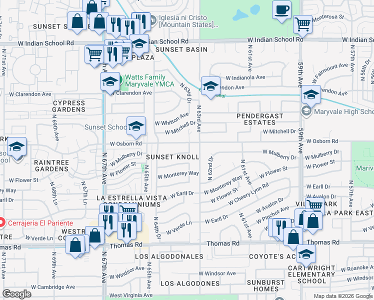 map of restaurants, bars, coffee shops, grocery stores, and more near in Phoenix