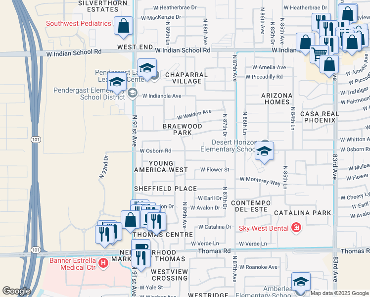 map of restaurants, bars, coffee shops, grocery stores, and more near 2626 West Beryl Avenue in Phoenix