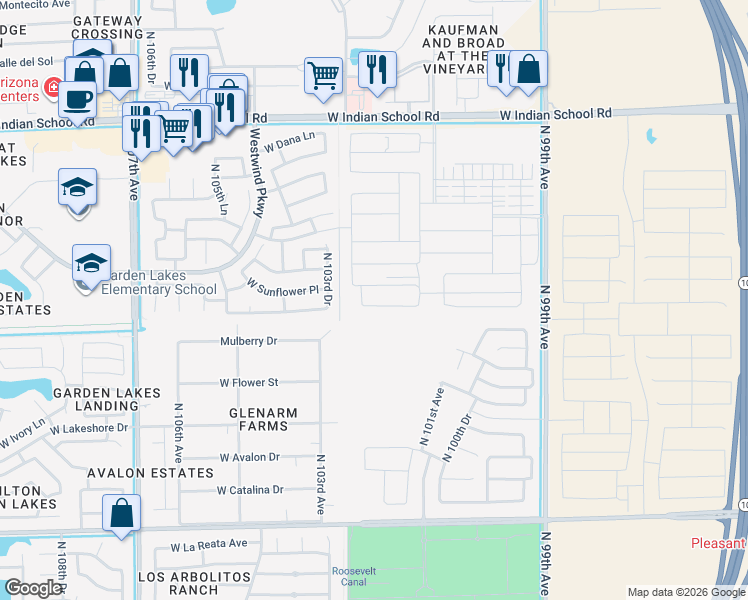 map of restaurants, bars, coffee shops, grocery stores, and more near 3513 N 103rd Dr in Avondale