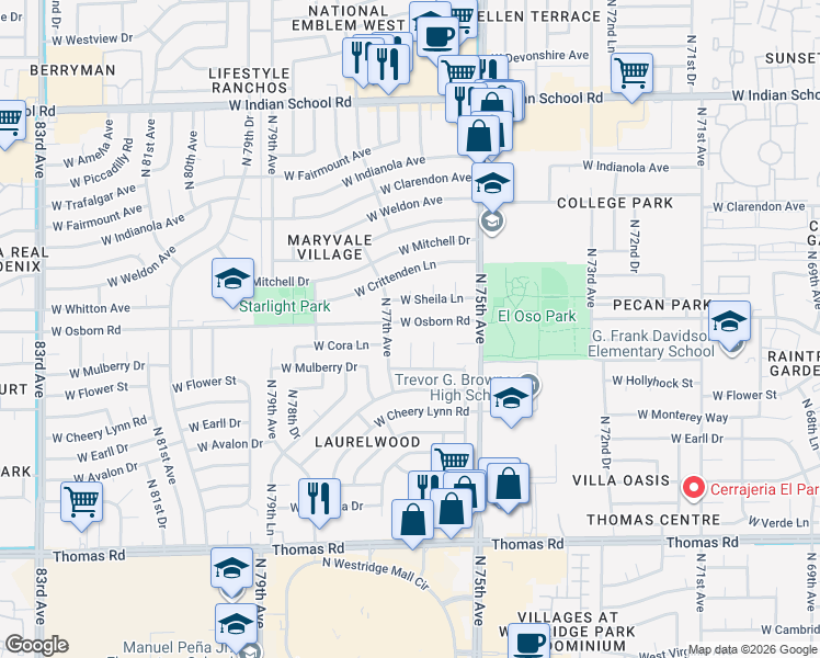 map of restaurants, bars, coffee shops, grocery stores, and more near 7644 West Osborn Road in Phoenix