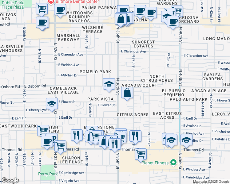 map of restaurants, bars, coffee shops, grocery stores, and more near 3501 East Osborn Road in Phoenix