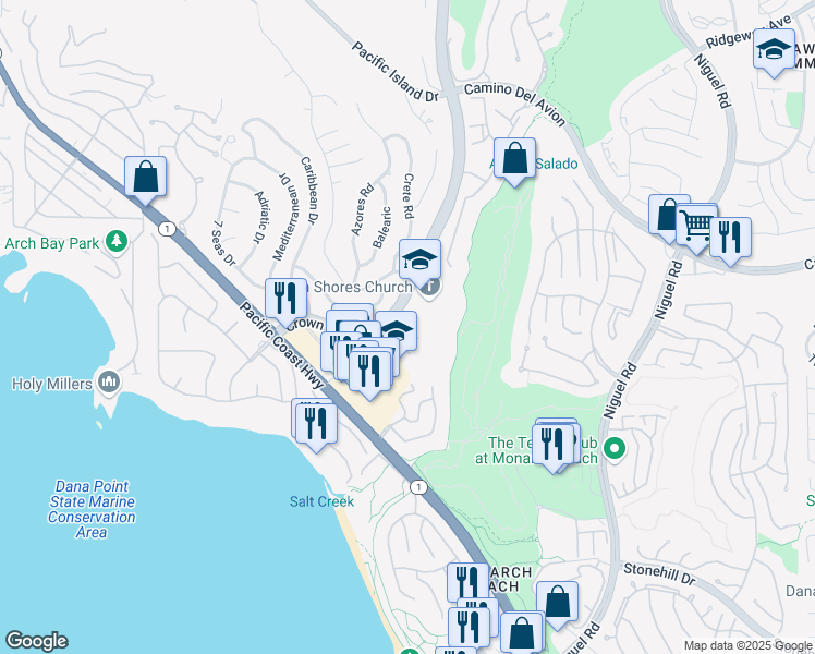 map of restaurants, bars, coffee shops, grocery stores, and more near 23281 Pompeii Drive in Dana Point
