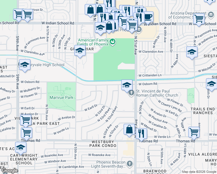 map of restaurants, bars, coffee shops, grocery stores, and more near 5320 West Osborn Road in Phoenix