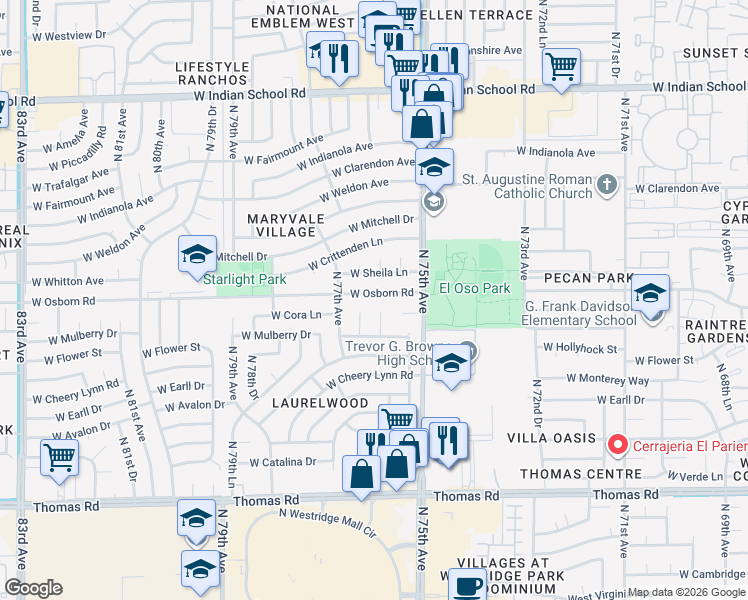 map of restaurants, bars, coffee shops, grocery stores, and more near 7602 West Osborn Road in Phoenix