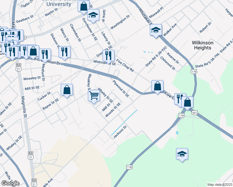 map of restaurants, bars, coffee shops, grocery stores, and more near 694 Plywood Street Southeast in Orangeburg