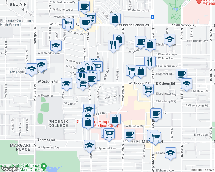 map of restaurants, bars, coffee shops, grocery stores, and more near 419 West Osborn Road in Phoenix