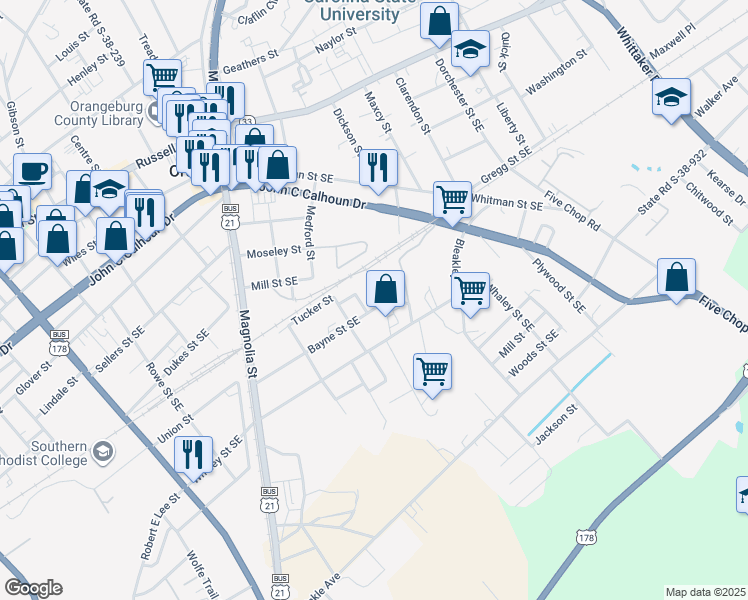 map of restaurants, bars, coffee shops, grocery stores, and more near 599 Bayne Street Southeast in Orangeburg