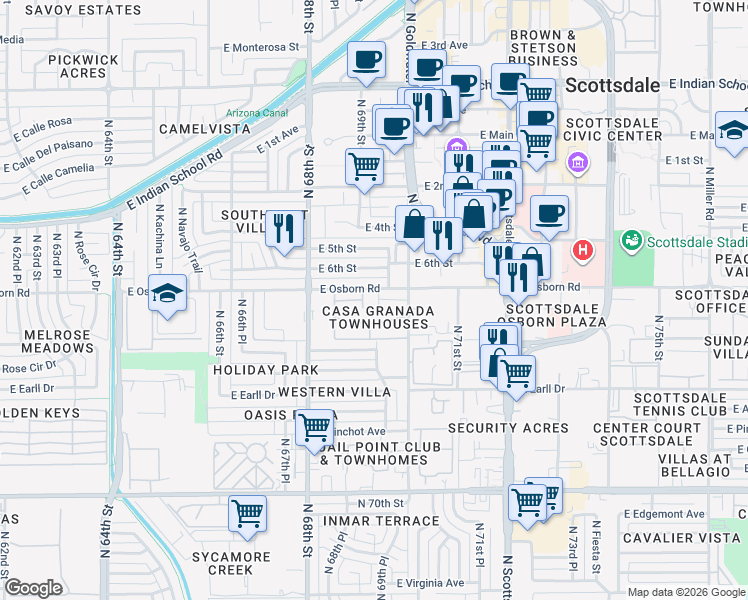 map of restaurants, bars, coffee shops, grocery stores, and more near 6925 East Osborn Road in Scottsdale