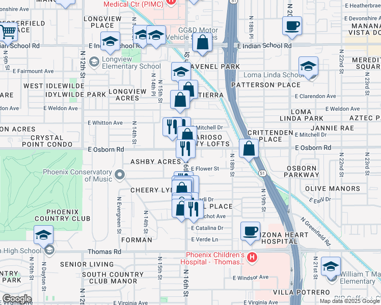 map of restaurants, bars, coffee shops, grocery stores, and more near 3345 North 16th Street in Phoenix