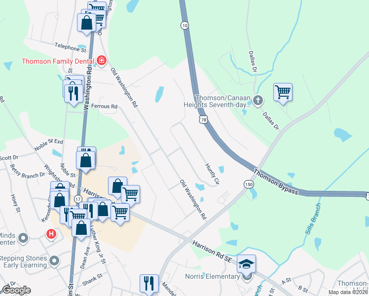 map of restaurants, bars, coffee shops, grocery stores, and more near 1148 Huntly Circle in Thomson