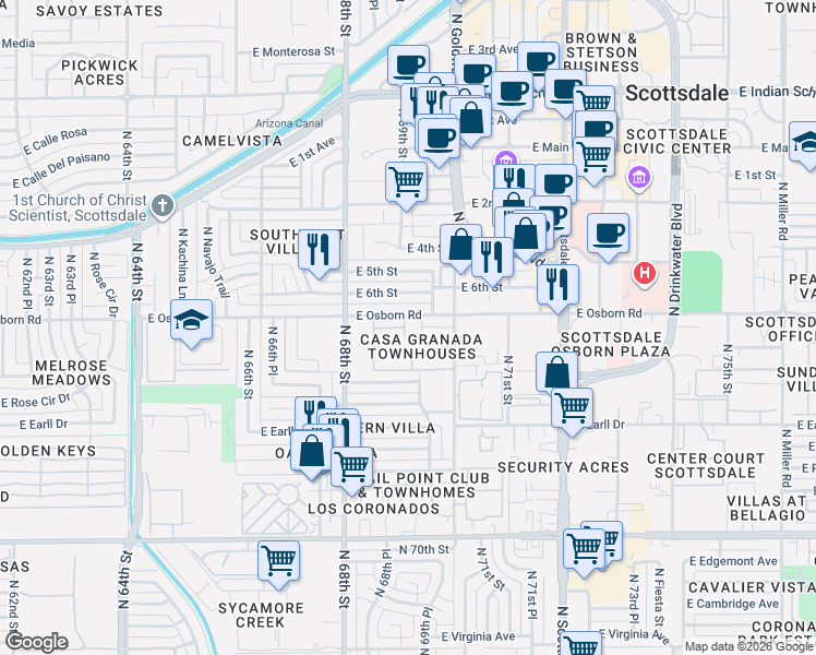 map of restaurants, bars, coffee shops, grocery stores, and more near 6829 East Osborn Road in Scottsdale