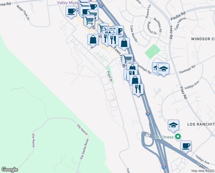 map of restaurants, bars, coffee shops, grocery stores, and more near 28817 Pujol Street in Temecula