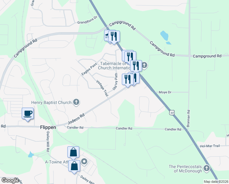 map of restaurants, bars, coffee shops, grocery stores, and more near 409 Old Ivy Path in McDonough