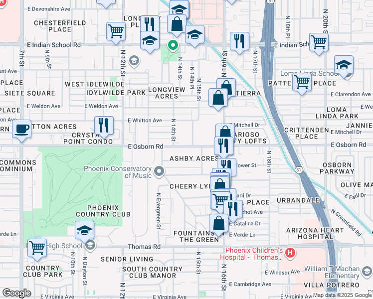 map of restaurants, bars, coffee shops, grocery stores, and more near 1414 East Osborn Road in Phoenix