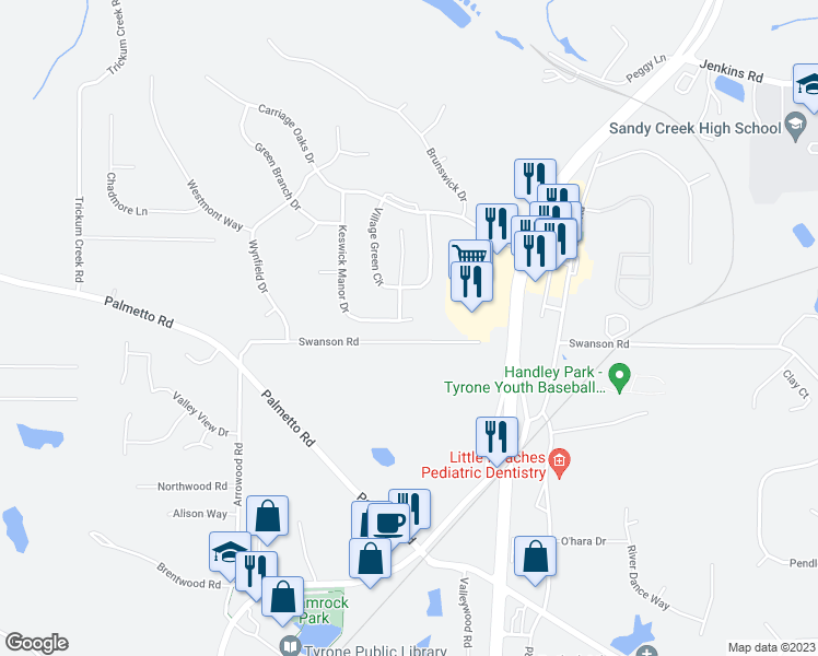 map of restaurants, bars, coffee shops, grocery stores, and more near 138 Keswick Manor Drive in Tyrone