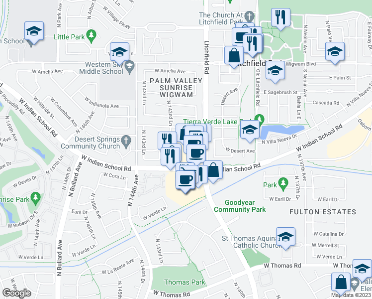 map of restaurants, bars, coffee shops, grocery stores, and more near 14200 West Indian School Road in Goodyear