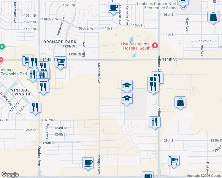 map of restaurants, bars, coffee shops, grocery stores, and more near 118th Street in Lubbock