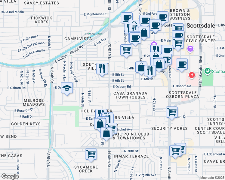 map of restaurants, bars, coffee shops, grocery stores, and more near 3313 North 68th Street in Scottsdale