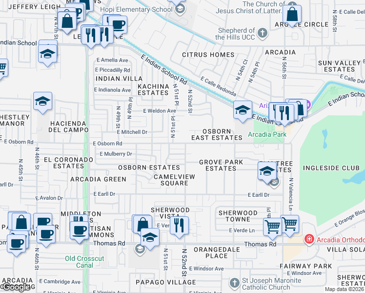 map of restaurants, bars, coffee shops, grocery stores, and more near 5109 East Osborn Road in Phoenix