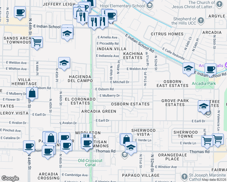 map of restaurants, bars, coffee shops, grocery stores, and more near 4902 East Osborn Road in Phoenix