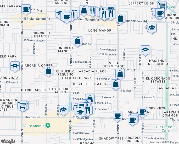 map of restaurants, bars, coffee shops, grocery stores, and more near 3338 North 42nd Street in Phoenix
