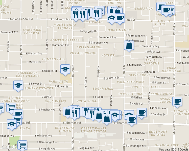 map of restaurants, bars, coffee shops, grocery stores, and more near 3242 North 38th Street in Phoenix