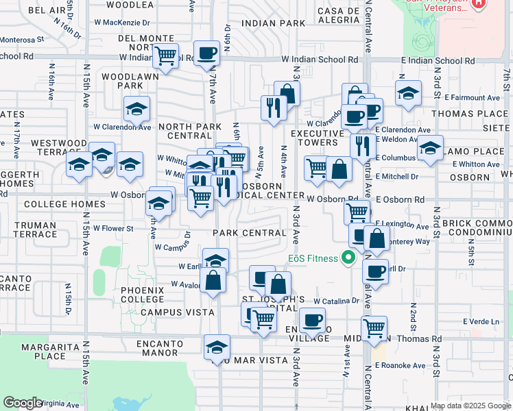 map of restaurants, bars, coffee shops, grocery stores, and more near 419 West Osborn Road in Phoenix