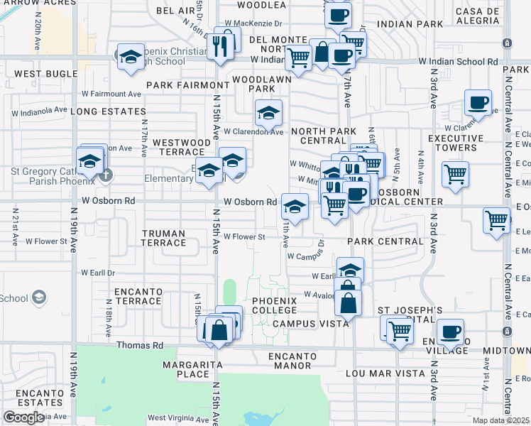 map of restaurants, bars, coffee shops, grocery stores, and more near 1301 West Osborn Road in Phoenix