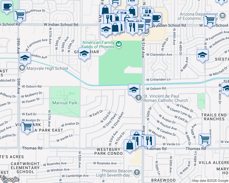 map of restaurants, bars, coffee shops, grocery stores, and more near 5320 West Osborn Road in Phoenix