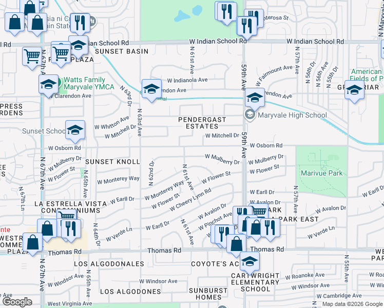 map of restaurants, bars, coffee shops, grocery stores, and more near 6067 West Osborn Road in Phoenix