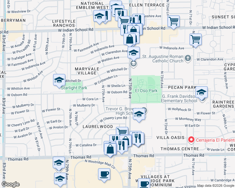map of restaurants, bars, coffee shops, grocery stores, and more near 7602 West Osborn Road in Phoenix