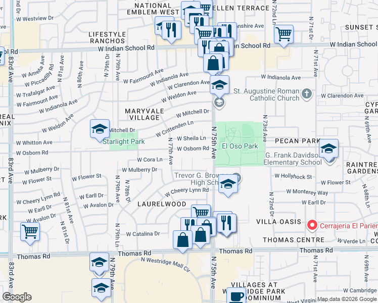 map of restaurants, bars, coffee shops, grocery stores, and more near 7602 West Osborn Road in Phoenix