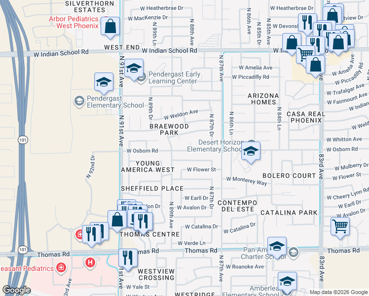 map of restaurants, bars, coffee shops, grocery stores, and more near 3414 North 88th Drive in Phoenix