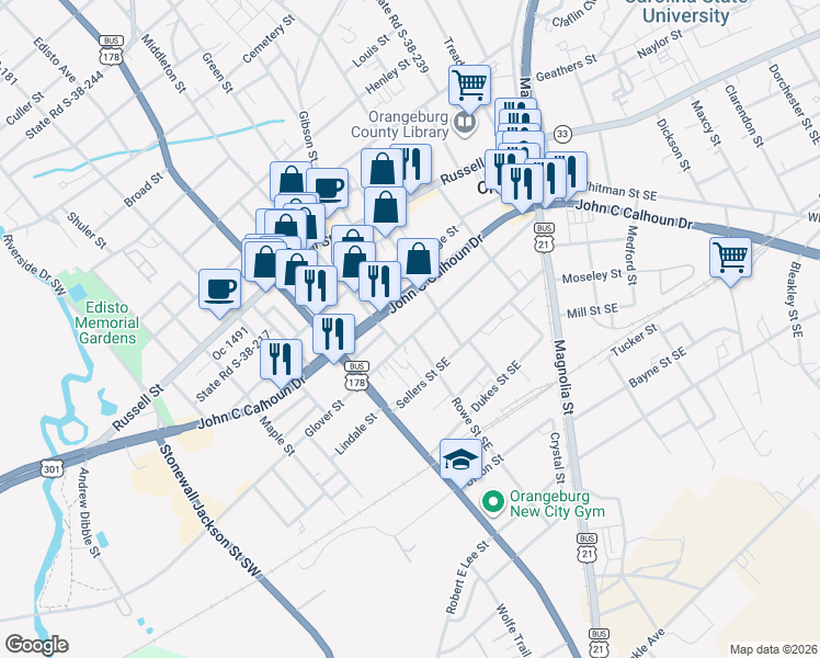 map of restaurants, bars, coffee shops, grocery stores, and more near 983 John C Calhoun Dr in Orangeburg