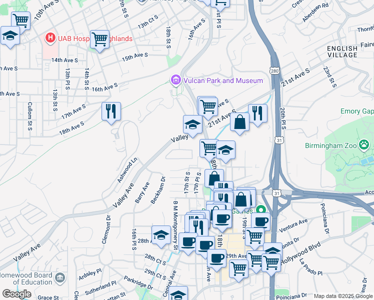 map of restaurants, bars, coffee shops, grocery stores, and more near 2107 Hillside Circle in Homewood